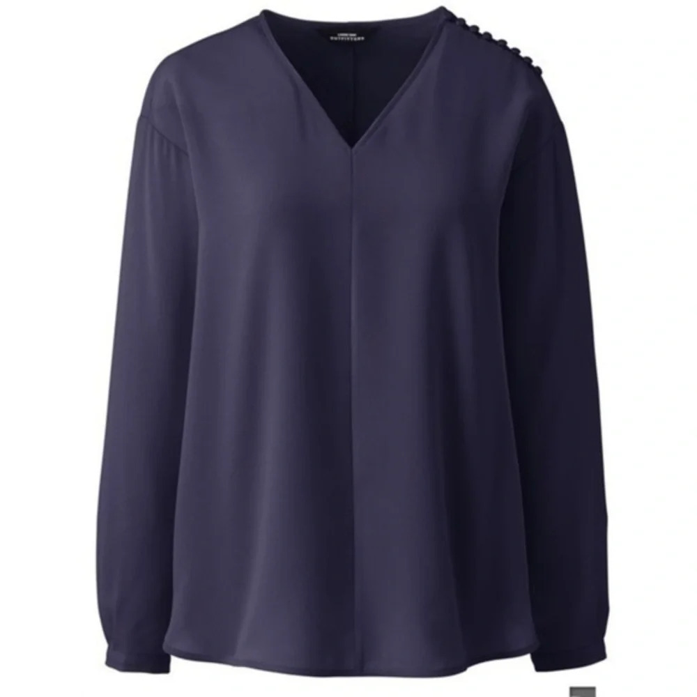 Lands End Long Sleeve Button Shoulder Crepe Blouse
